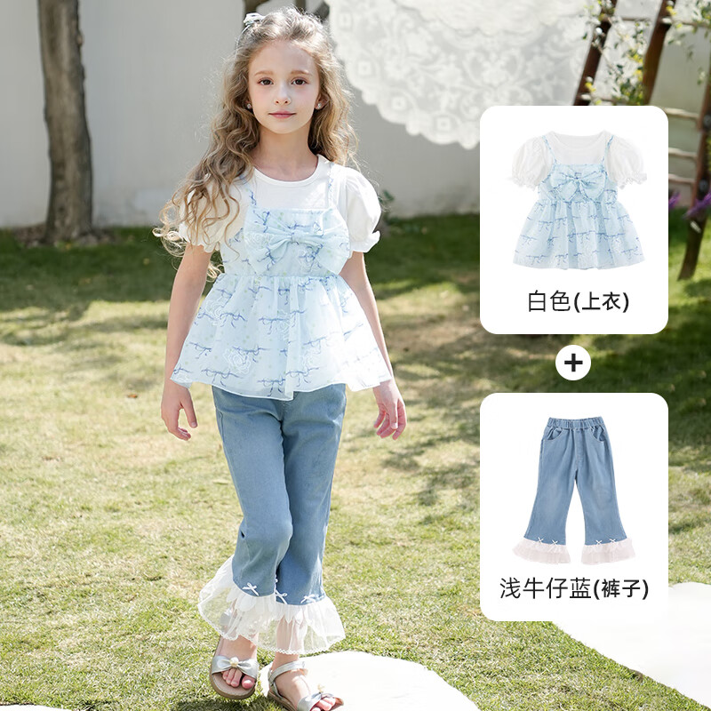 船鼠童裝女童短袖t恤夏季 蝴蝶結(jié)刺繡雪紡假兩件兒童娃娃衫女寶寶上衣 白色上衣+淺牛仔藍褲子 110