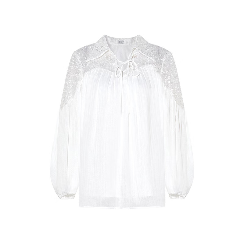 兩三事雪紡蕾絲襯衫女夏季法式七分袖氣質(zhì)白色垂感上衣輕吟光羽 米白色 S