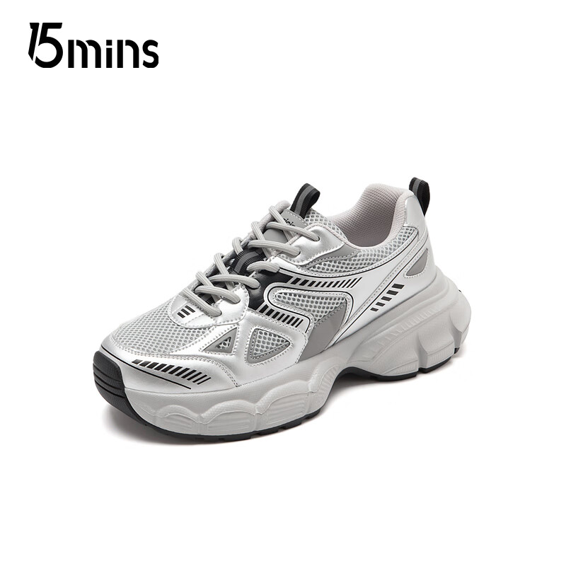15MINS老爹鞋女秋冬2025年新款增高厚底鞋百搭运动休闲鞋透气网面鞋女鞋 银色【厚网】 37