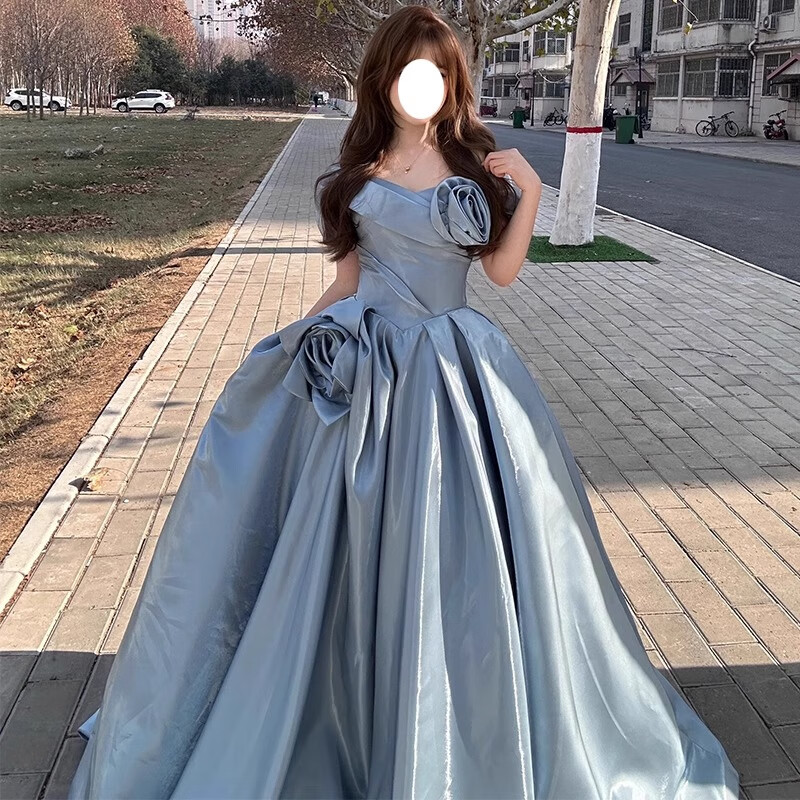 學(xué)子言晚禮服女學(xué)生藝考平時可穿藍色緞面晚禮服新款高級學(xué)生藝考成人禮 藍色 XXXL 均碼