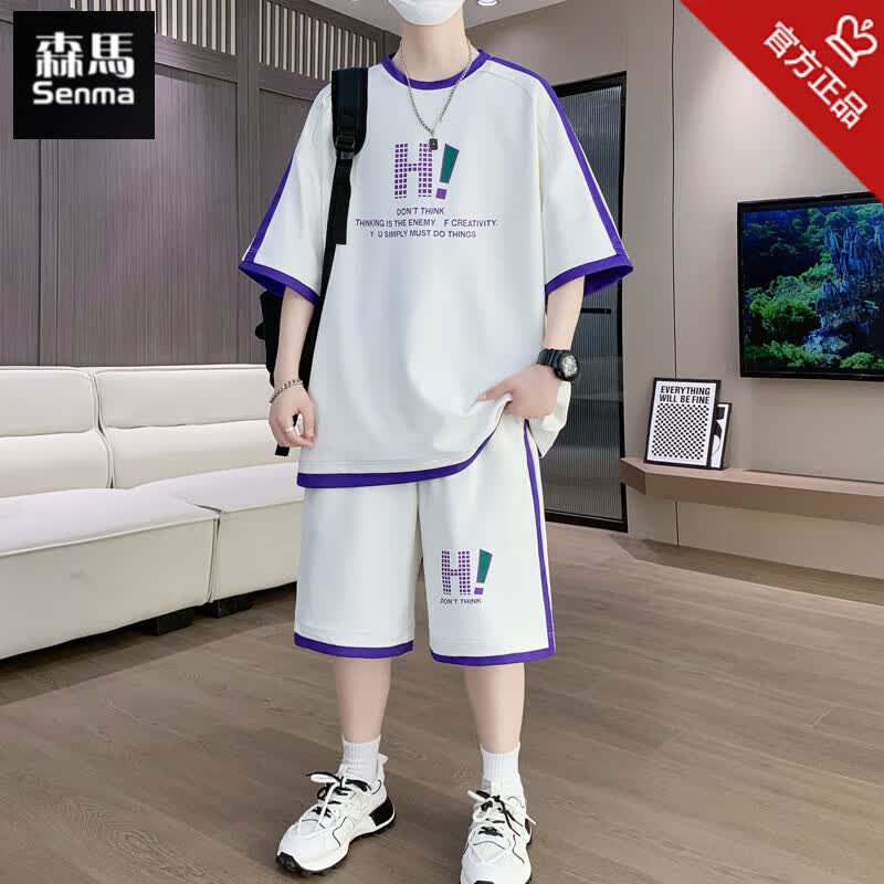 森马青少年夏季套装男孩12-15岁初中学生短袖t恤14大童运动衣服两件套 T66白色套装【短袖+短裤】 品质 XL 建议(110-130斤左右)