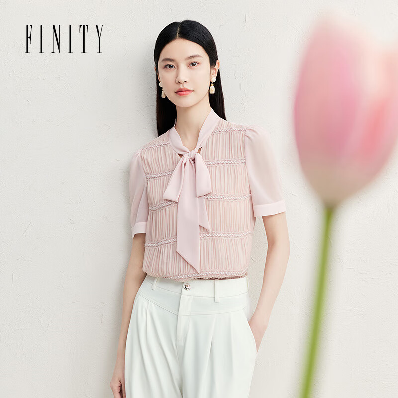 菲妮迪（FINITY）雪纺衫2025年夏季新款飘带领小香风短袖套头上衣女 粉红 XL