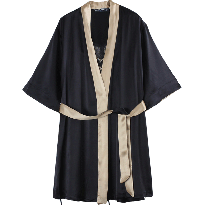 狄蘭絲（dilansi）重磅刺繡工藝真絲睡裙睡袍兩件套裝女蕾絲吊帶裙桑蠶絲和服家居服 瑪瑙黑(19姆米重磅真絲) XL (建議115-130斤)