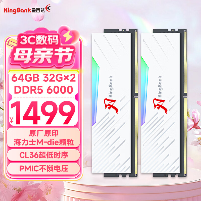 金百达（KINGBANK）64GB(32GBX2)套装 DDR5 6000 台式机内存条海力士M-die颗粒 白刃RGB灯条 C36 Deepseek硬件