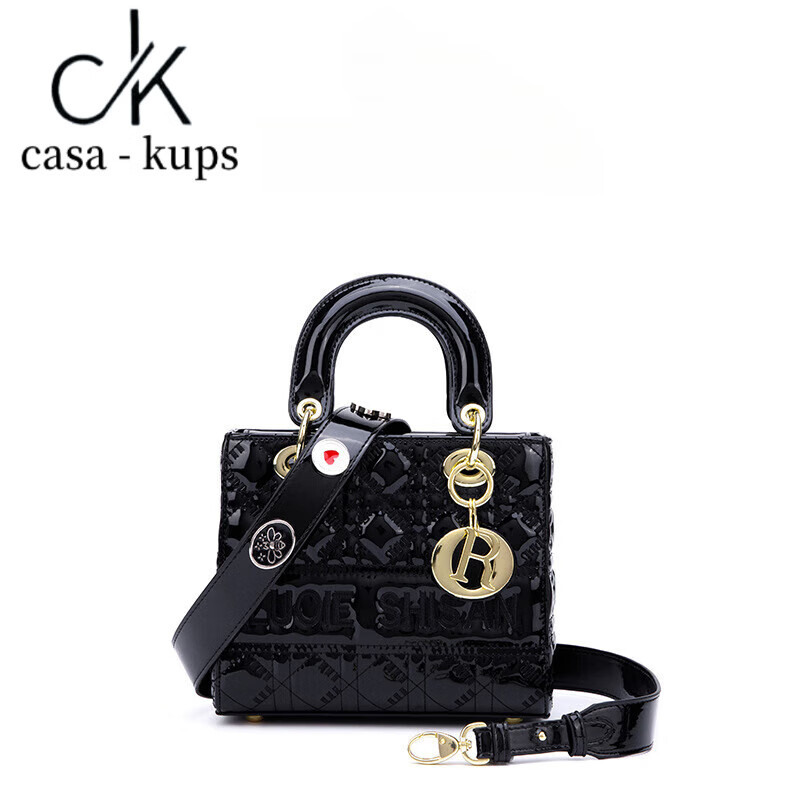 casa-kups戴妃包包女包2024新款時尚貴婦手提女包斜跨小眾繡線亮皮包包 黑色 20*17*9