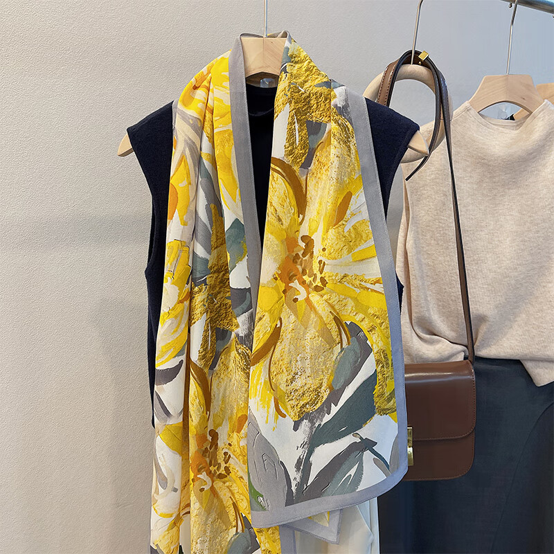 BGUG春夏新款双绉丝巾女真丝长巾百搭薄款桑蚕丝围巾时尚领巾防晒披肩 绽放