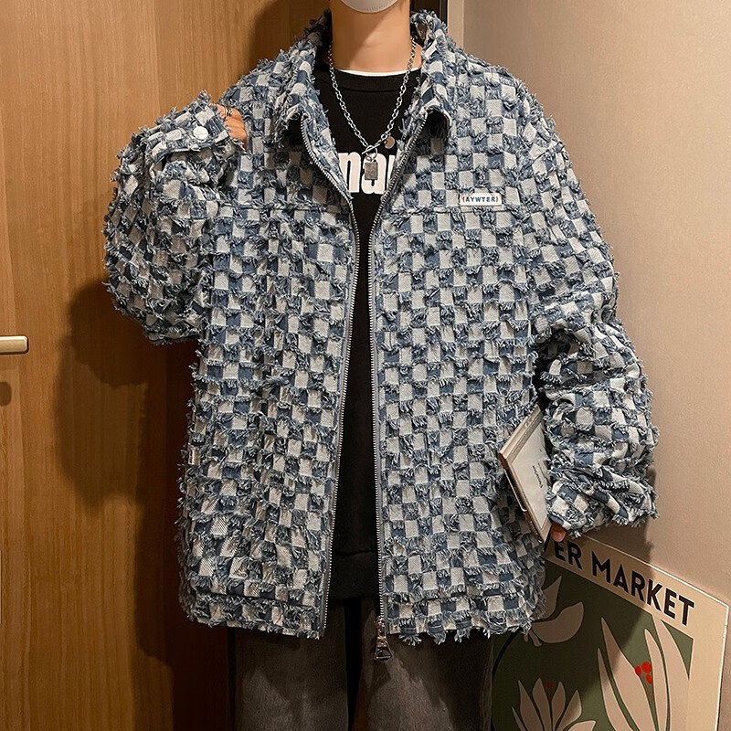 lee磨毛个子提花牛仔外套男宽松拉链夹克上衣加大加长版港风牛仔衣服