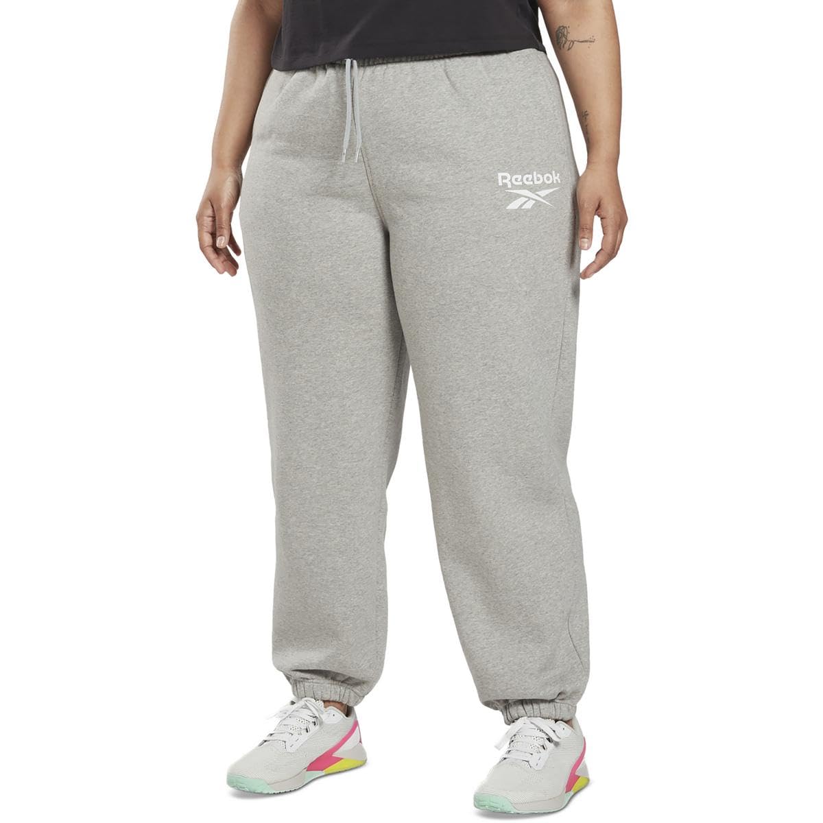 女士加大码运动休闲长裤 舒适弹力针织 中号麻灰色/黑色