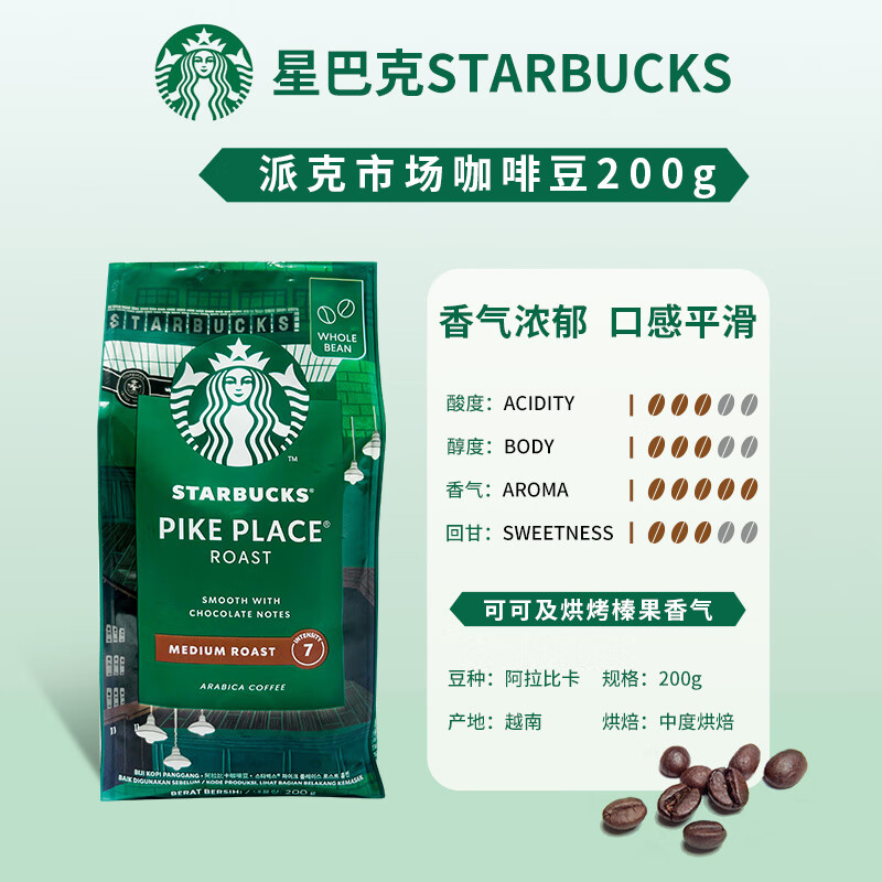 星巴克（Starbucks）新鲜进口阿拉比卡咖啡豆浓缩烘焙/深度烘焙/中度烘焙豆 200g派克市场豆 效期26.4月