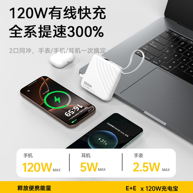 e+e 3C认证【120W丨三合一】自带插头带线双向超级闪充电宝器大容量移动电源适用苹果小米华为 樱花粉5.0顶配版提速999% 型号全系兼容 不伤机安全快充丨可上飞机