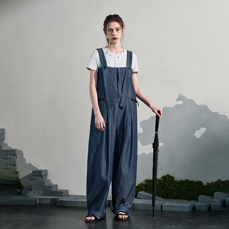 日著靜夜藍牛仔連體褲女2025新款夏季設(shè)計感寬松顯瘦輕薄背帶褲子 靜夜藍 S