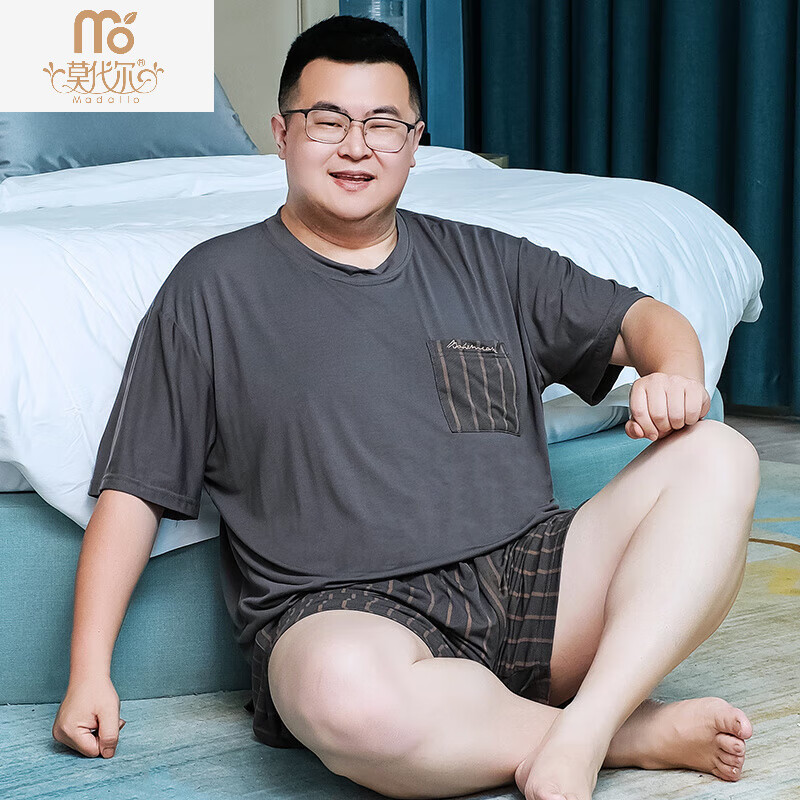 莫代爾大碼睡衣男士夏季高彈短袖短褲薄款胖子加肥加大家居服冰絲 MDE301深灰豎條父親節(jié)禮物 4XL 大[建議220260斤]父親節(jié)禮物