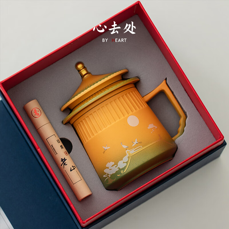 心去處文創(chuàng)故宮陶瓷茶杯禮盒送父母朋友長輩生日禮物公司商務(wù)伴手禮定制 仙鶴呈祥青黃辦公杯+線香-禮盒裝