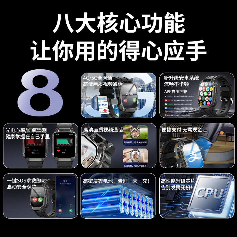 莱思帝电话手表智能心率血氧运动健康监测儿童初高中学生可用APP任意下载远程定位高清视频插卡通话支付 全网通电话手表 高配版APP任意下载