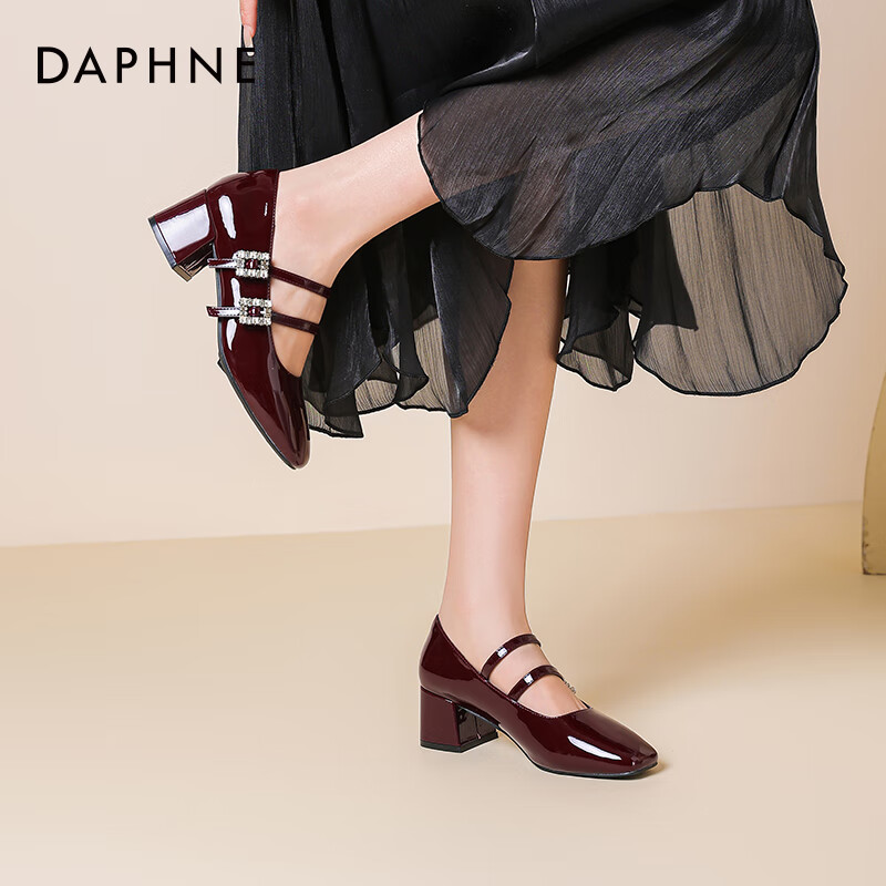 达芙妮玛丽珍女鞋2026春季新款粗跟方头高跟鞋女复古浅口皮鞋单鞋女JD 酒红色【4.5cm粗跟】 37