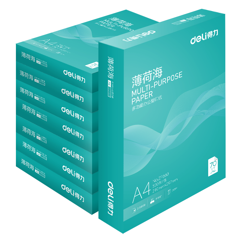 得力（deli）薄荷海A4打印纸 70g克500张*8包一箱 双面复印纸 高性价比草稿纸 整箱4000张ZF663【集采推荐】