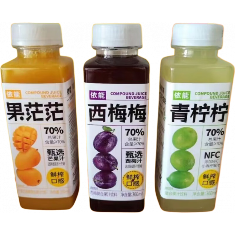 依能果汁網(wǎng)紅果味依能70%復(fù)合果汁芒果青檸西梅味瓶裝360ml*6瓶 多口味混發(fā)