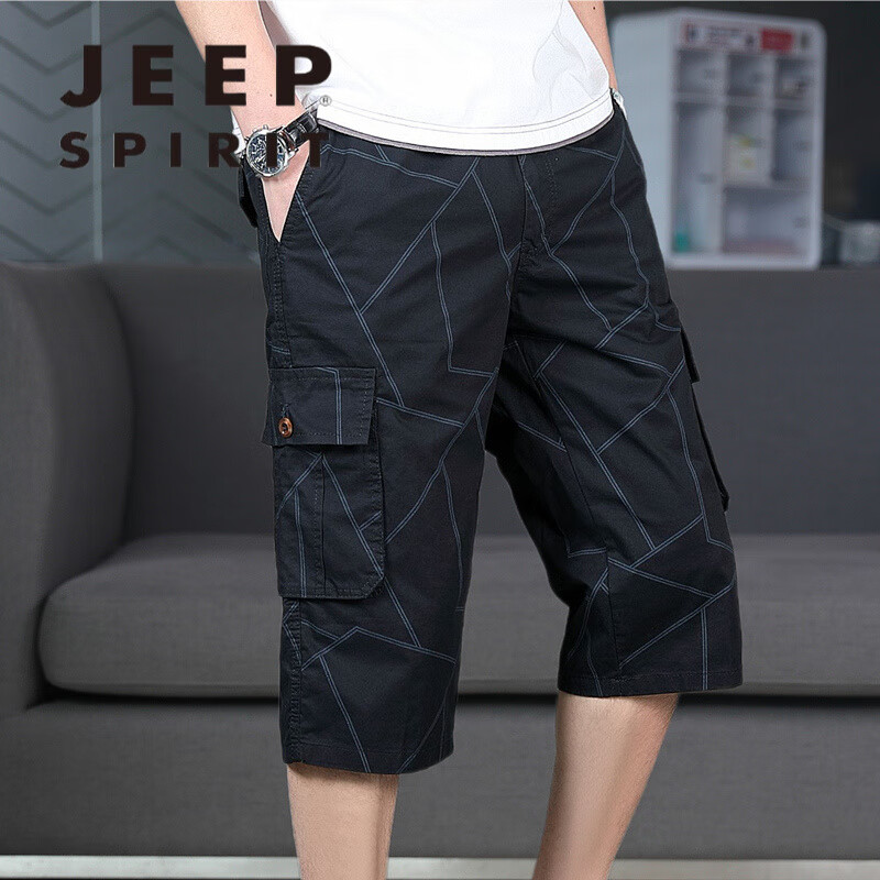 JEEP SPIRIT多口袋軍工裝短褲男士夏季薄款寬松直筒半截中褲子潮流休閑七分褲 黑藍色 XL