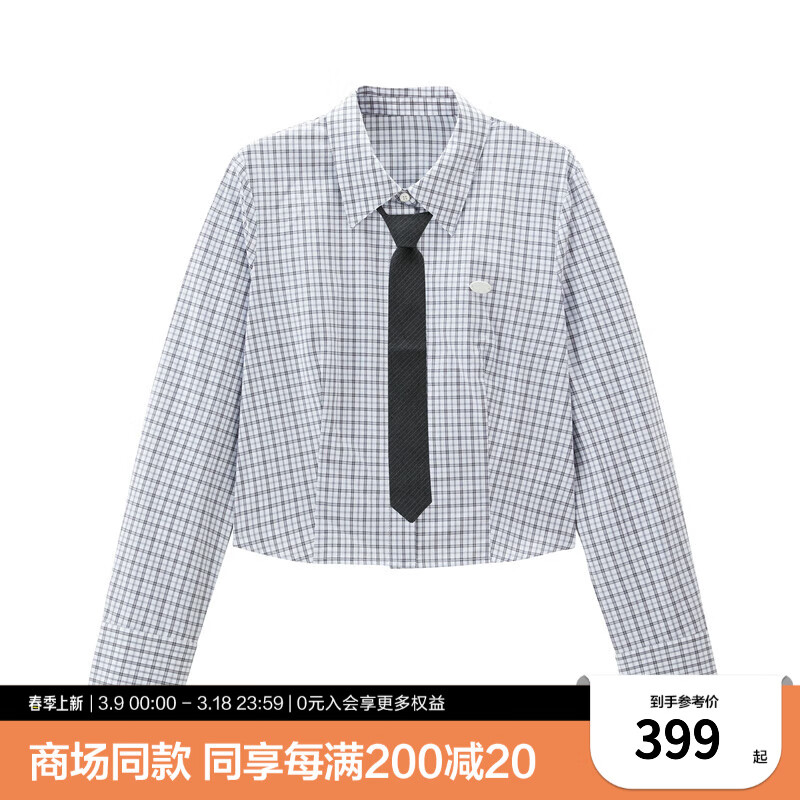 樂(lè)町【商場(chǎng)同款】收腰格紋襯衫25春新款短款學(xué)院風(fēng)襯衣C2CAF1106 銀燭灰 L