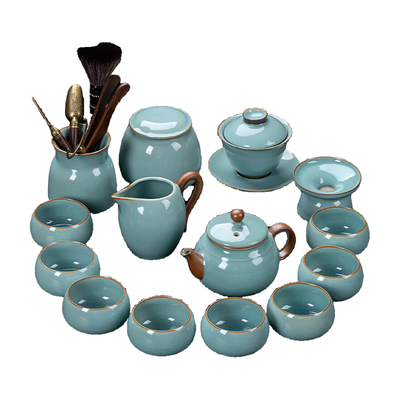 正揚(yáng)汝窯茶具套裝家用辦公整套可養(yǎng)開片功夫高檔陶瓷茶壺茶杯茶臺(tái)小套 15頭 天青汝(將軍)8杯-茶道罐