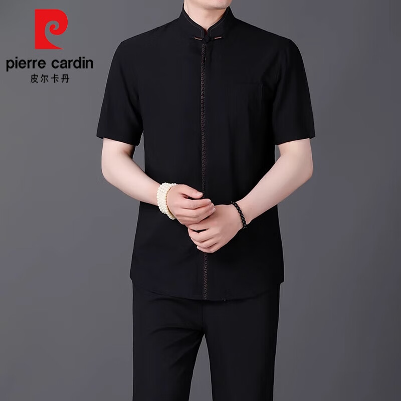 皮爾卡丹（pierre cardin）中國風男裝夏季短袖棉麻唐裝男套裝爸爸亞麻中式爺爺中山裝 7203T黑色 7203T 薄款 M 170/39 建議(100-120斤)