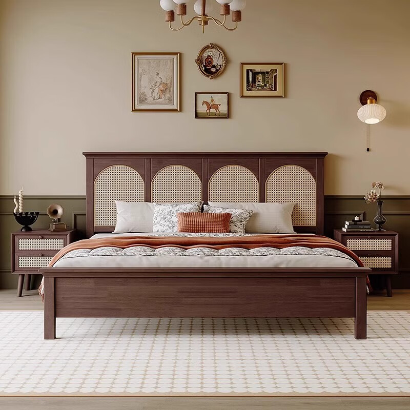 原始原素藤編床侘寂風(fēng)復(fù)胡桃色雙人床1.8m現(xiàn)代簡(jiǎn)約1.5m主臥民宿床 單床 1500mm*2000mm