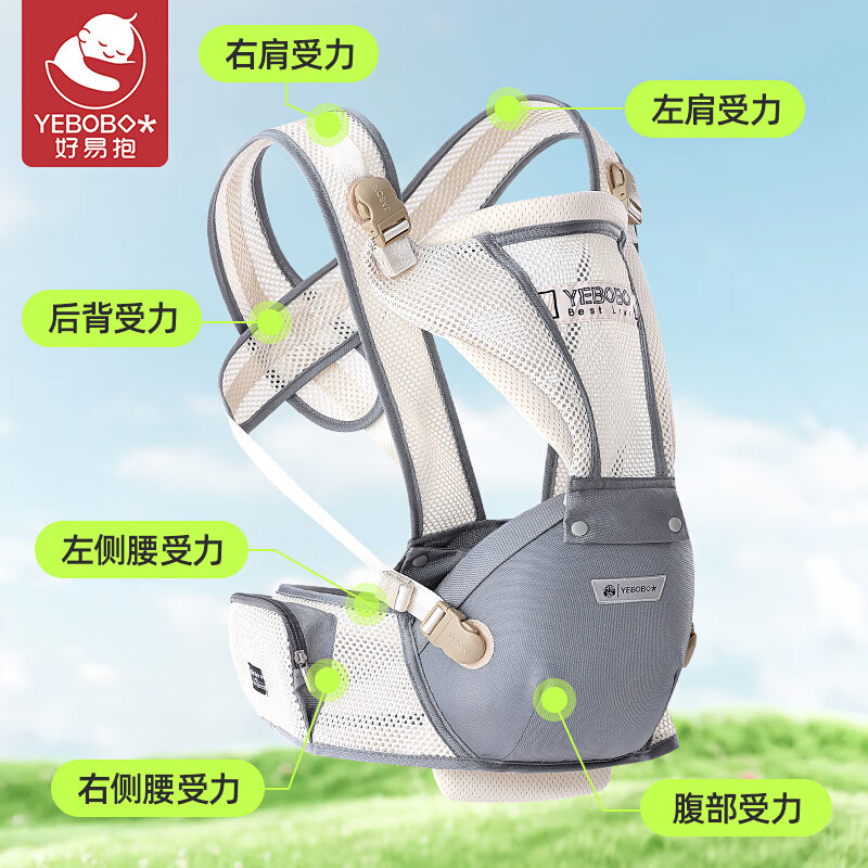 好易抱腰凳婴儿背带前抱式抱娃神器0-36个月宝宝出行轻便坐凳夏季透气 远山灰【6点式减压，360°透气】