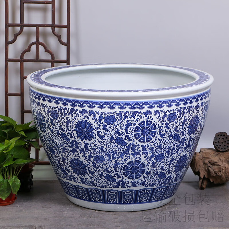 希格鲨陶瓷青花鱼缸金鱼荷花碗莲乌龟缸水缸庭院种发财树特大号盆造盆景 盛世龙腾 41x41x25cm