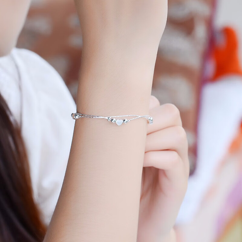 韩版时尚爱心桃心双层银女士款式  圆珠子心形手链 双珠爱心手链