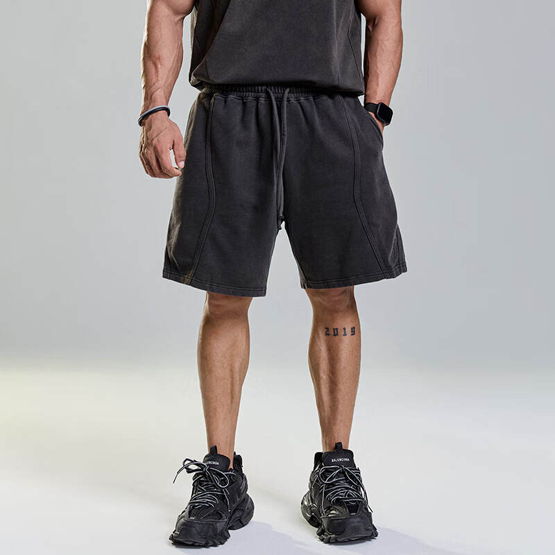 MUSCLE DOG肌肉狗 洗水复古运动短裤男夏季做旧宽松直筒休闲训练五分裤 军绿色 XL