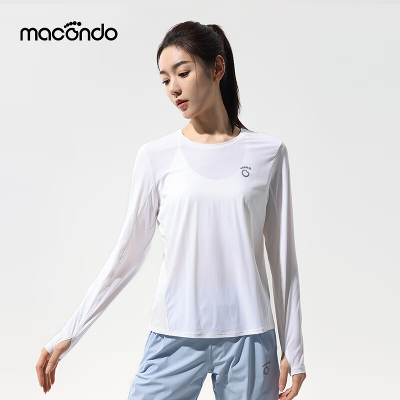 马孔多(macondo)原创单品面膜感跑步长袖T恤 速干衣水润清爽夏日溯溪原纱防晒抗菌 白色 女款 XL 【男140-150/女130-140斤】