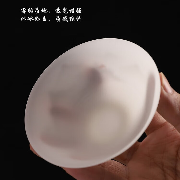 羊脂玉瓷普洱杯冰种素烧高端手工陶瓷主人杯斗笠杯描金手绘伴手礼 薄胎-手绘山水-斗笠杯 100ml 1只