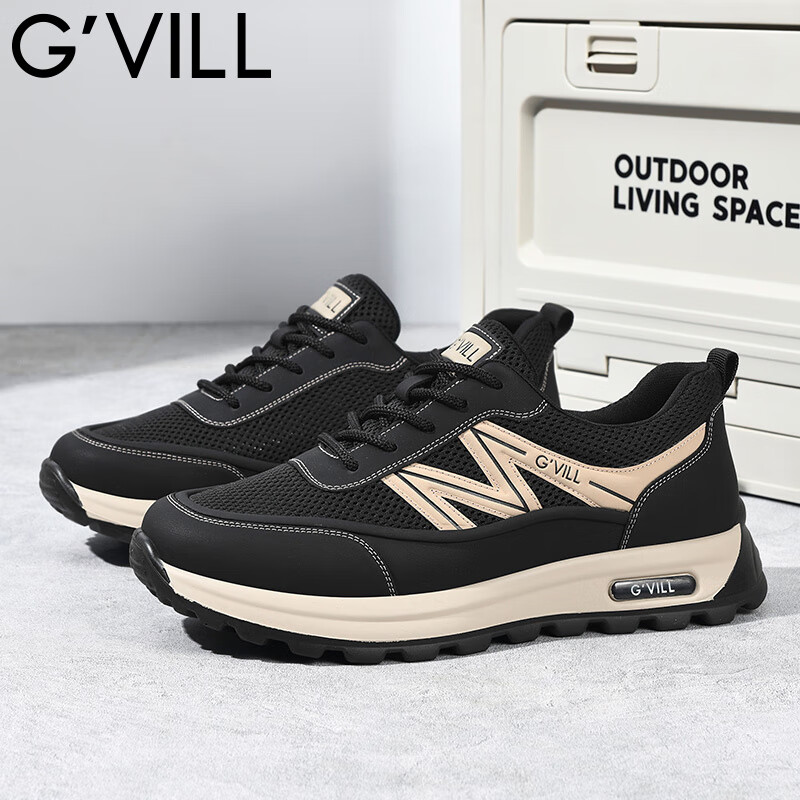 贵之步G'VILL夏季新款网面透气休闲鞋男士厚底软弹户外运动鞋潮流跑步鞋 黑色 （G1703) 42 （皮鞋码）