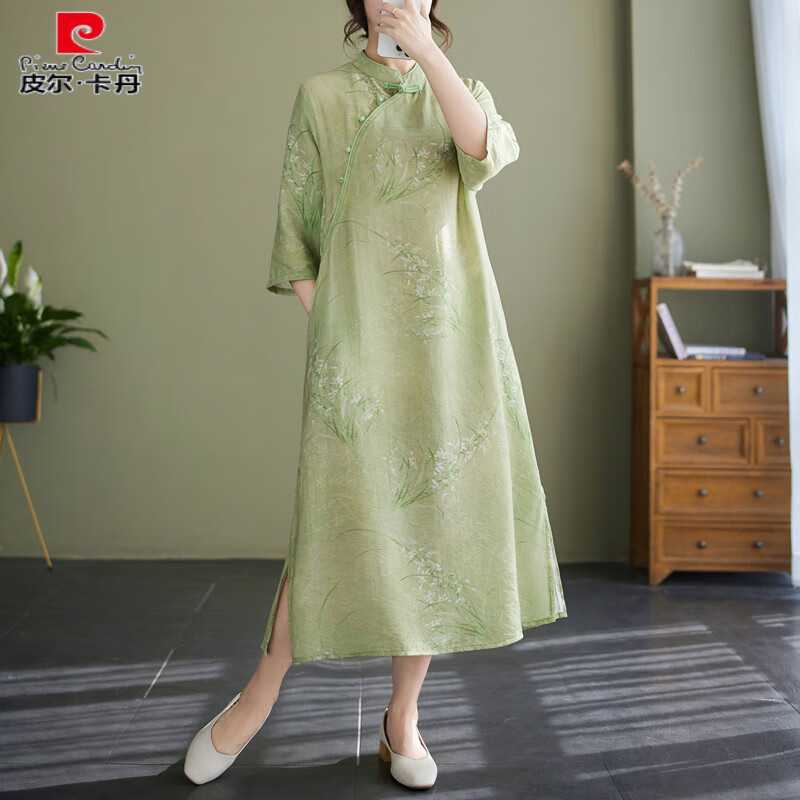 皮爾卡丹（pierre cardin）媽媽改良旗袍中袖麻亞麻連衣裙2025夏季新款綢苧麻綠色裙子 綠色 2XL