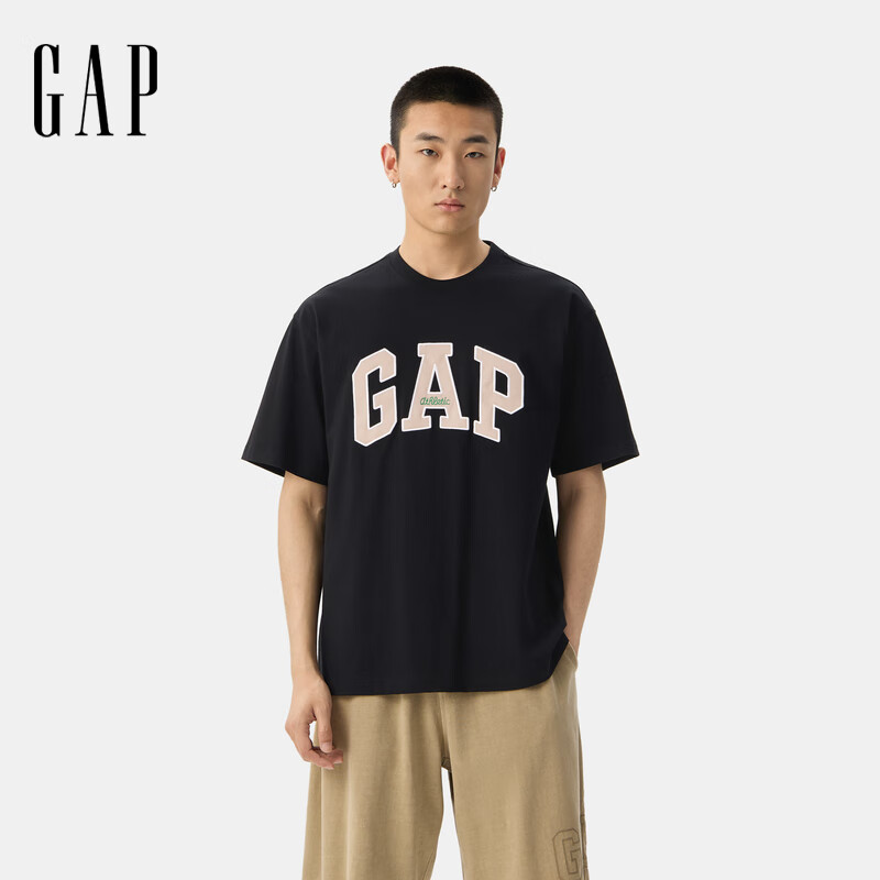 盖璞【情人节】男女装夏季新款纯棉撞色贴布绣短袖T恤宽松上衣729134 黑色 M (170/92A) 亚洲尺码