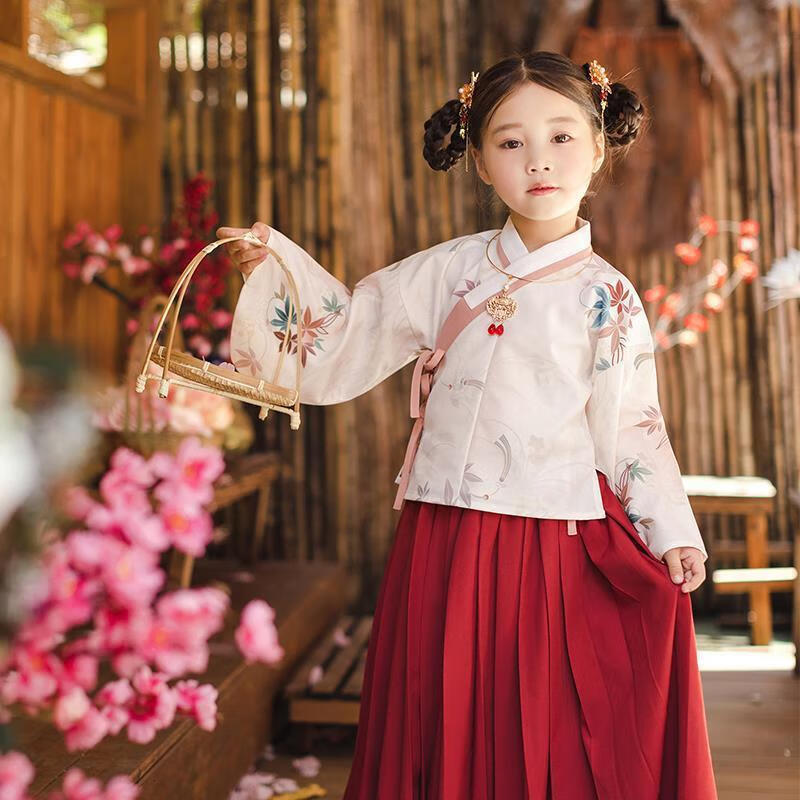 忆爱新款儿童汉服女童改良明制袄裙中国风襦裙古风仙汉元素马面裙套装 红色 120码怎么看?