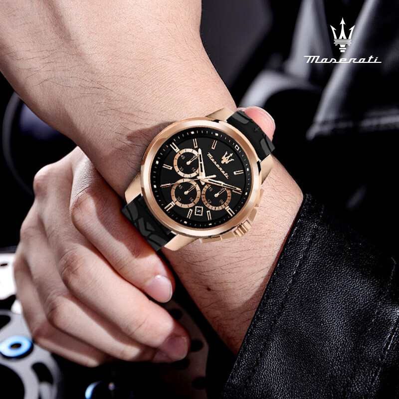 玛莎拉蒂（MASERATI）手表男运动防水三眼计时日历石英表时尚硅胶表带名表圣诞节礼物 城市黑金-R8871621012