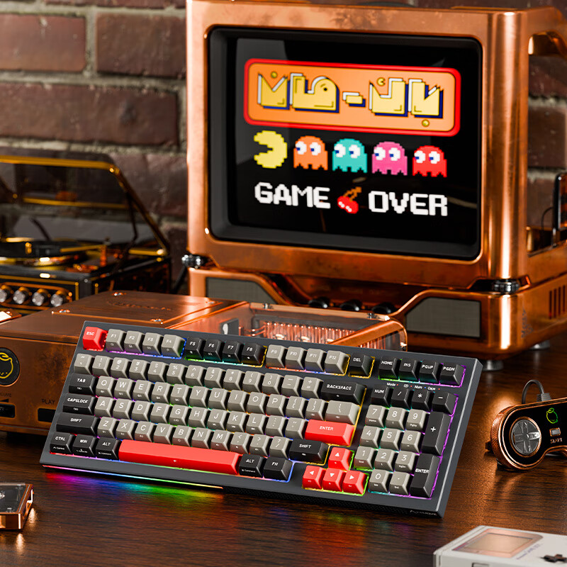 KEMOVE K98 无线机械键盘蓝牙三模客制化全键热插拔双层夹心硅胶填充游戏电竞办公键盘 K98 霓虹 Gateron联合定制 茶轴