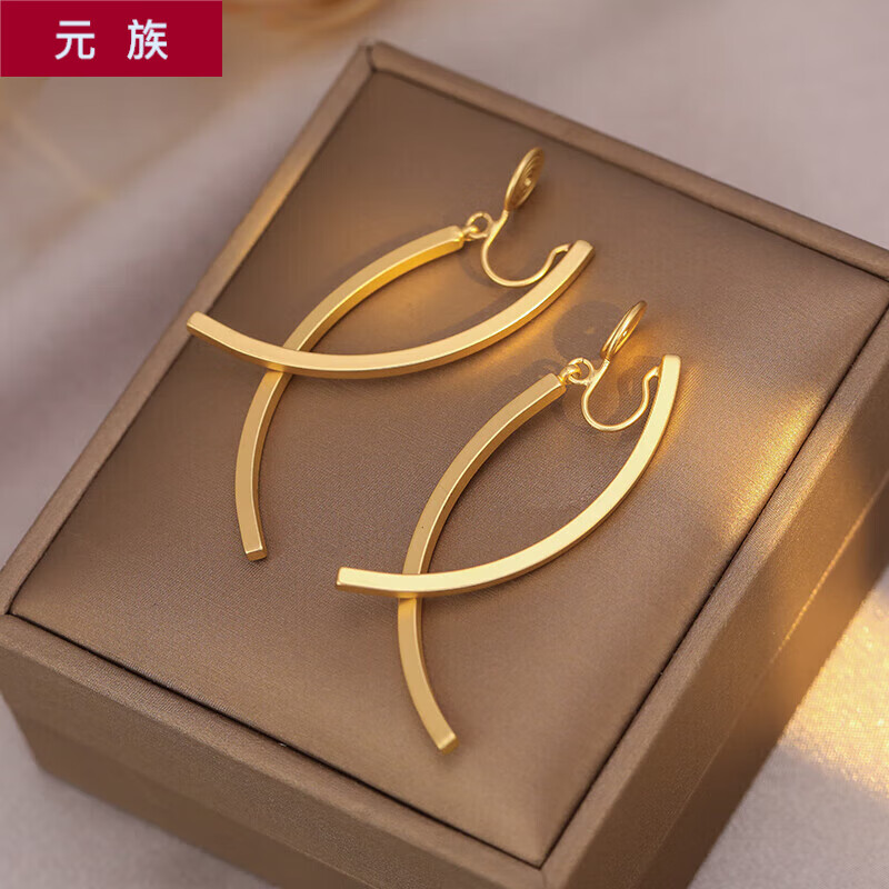 元族长款交叉耳环小众设计感耳钉无痛蚊香盘耳夹无耳洞女显瘦耳饰 长款交叉哑金蚊香盘耳夹