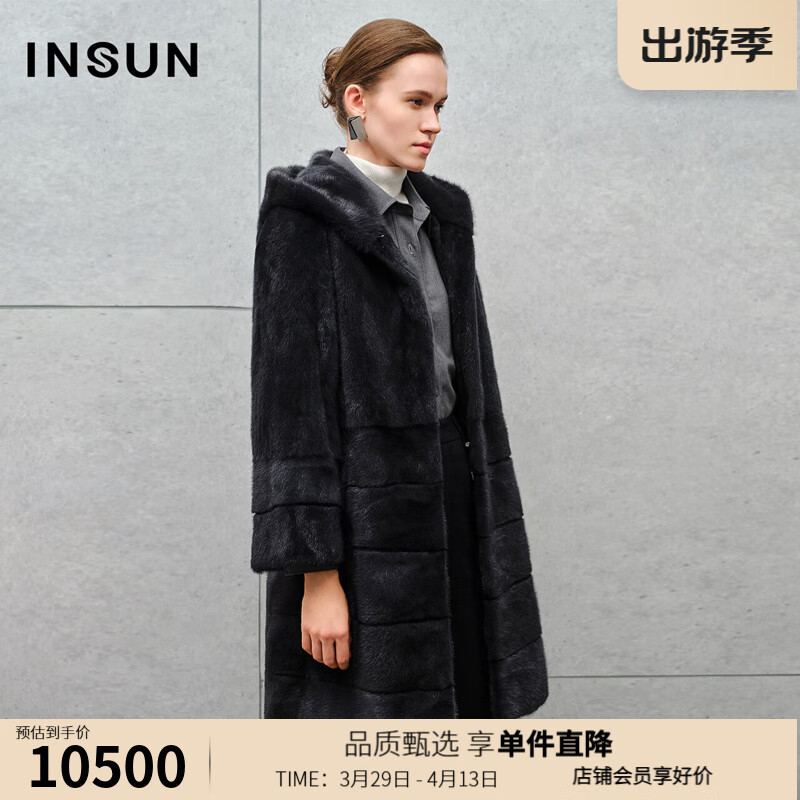 INSUN恩裳專選冬季整貂水貂連帽皮草外套 煙灰 M