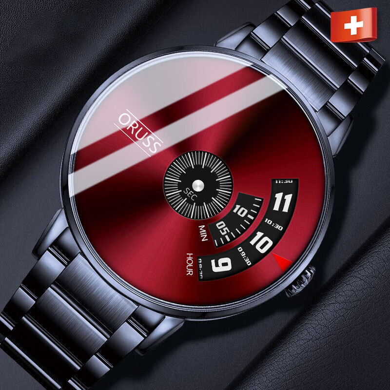 特雷格品牌男手表自动机芯星空钢带防水黑科技青少年非机械石英 新概念-黑带红面【钢带】