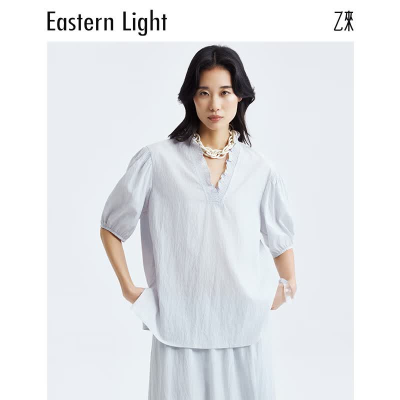 乙来(EASTERN LIGHT)2026夏季新款潮流南法拉夫领小衫衬衫连衣半身裙A字显瘦上衣气质 晨雾蓝-小衫 M