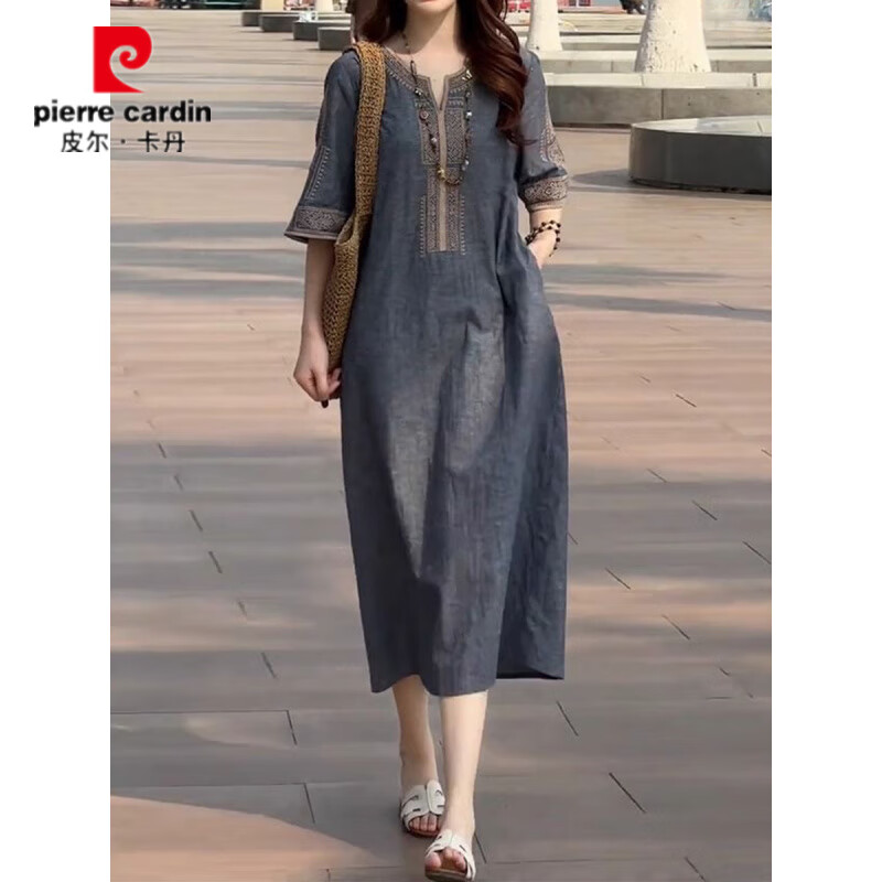 皮尔卡丹(pierre cardin)复古轻奢气质重工刺绣连衣裙女2026夏季新款大码宽松显瘦百搭裙子 牛仔蓝【高品质】 XL 【121-140斤】