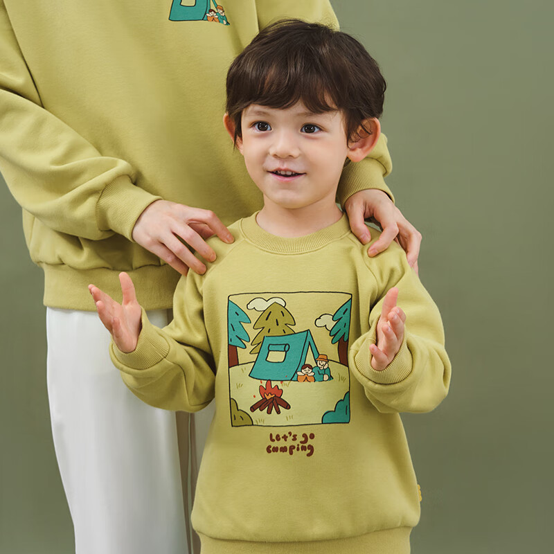 papa爬爬冬款男女童卫衣不一样的亲子装一家三口加绒厚洋气炸街 宝宝款卫衣-黄绿色 90 cm