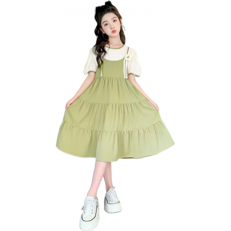 迪士尼（Disney）女童連衣裙夏裝2025新款女孩夏季雪紡公主裙童裝兒童假兩件吊帶裙 綠色+送襪子顏色隨機 120 cm