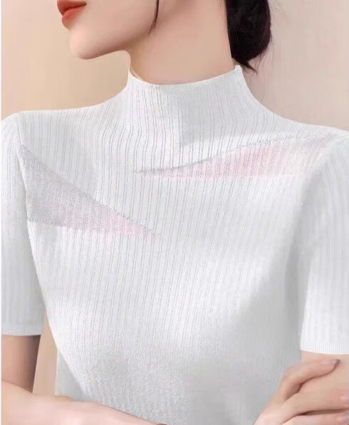 依慕琪半高領(lǐng)黑色蕾絲網(wǎng)紗短袖針織衫上衣女春秋2025新款正肩打底毛衣薄 白色 S