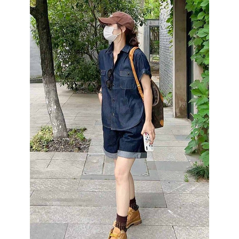妃莉杋(FeiLiFan)夏季休闲女装套装2026新款韩版宽松显瘦短袖衬衫牛仔短裤女一整套 衬衫+短裤 M