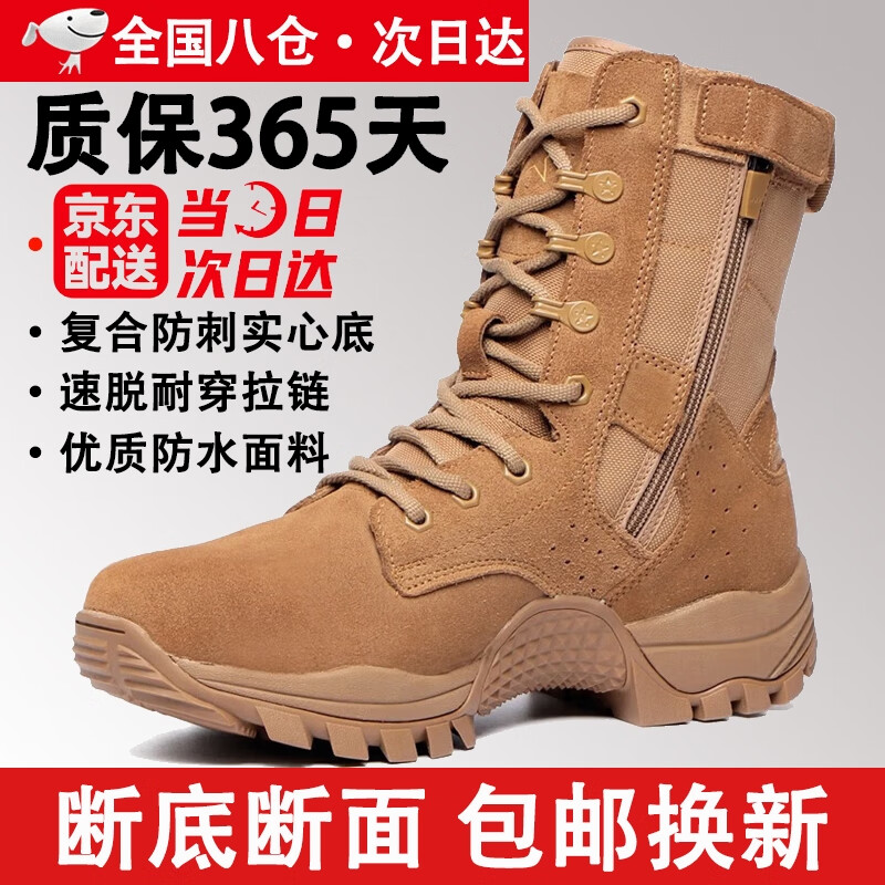 际华三五一三新式棕色作战靴作战鞋超轻防滑侧拉链训练靴沙漠高帮户外登山鞋男 棕色战靴【标准】 42 【260】两双鞋垫