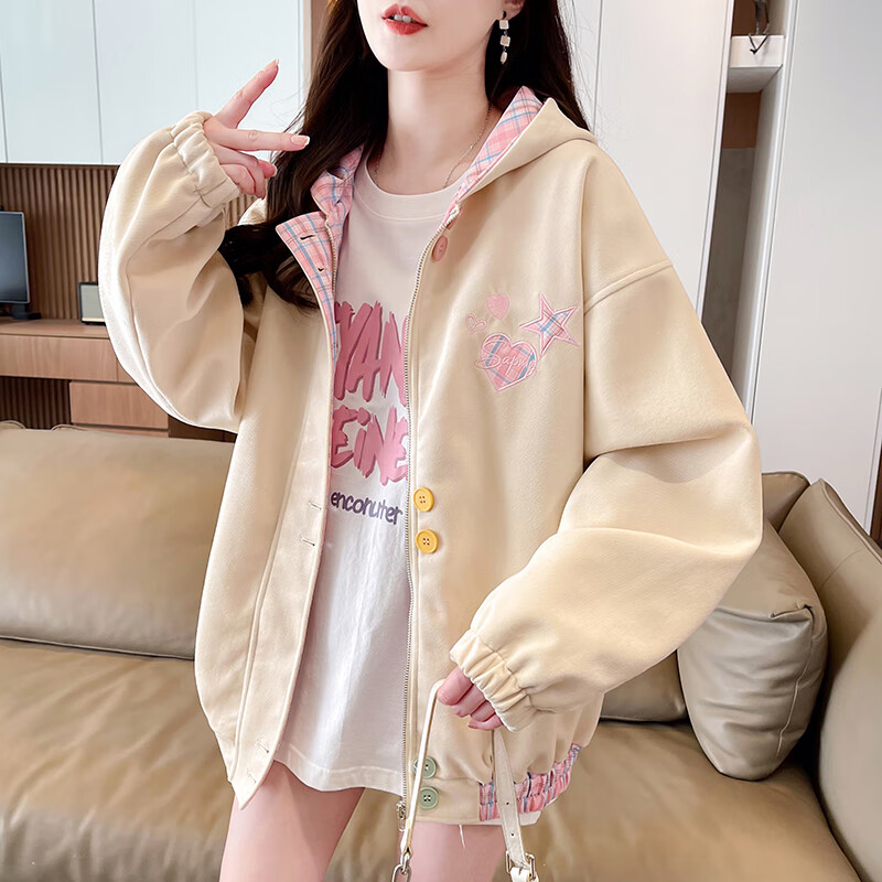 德洛賓軟妹可愛拼色棒球服女學(xué)生韓版春秋款外套女學(xué)生2025新款休閑寬松 杏色 S （80-100斤左右b