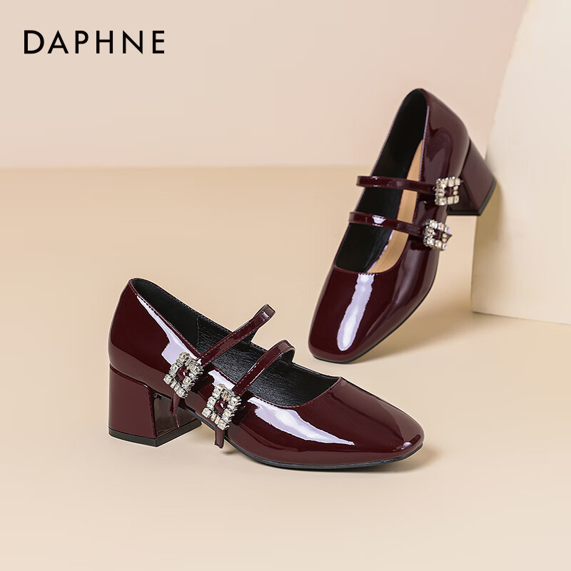 达芙妮玛丽珍女鞋2026春季新款粗跟方头高跟鞋女复古浅口皮鞋单鞋女JD 酒红色【4.5cm粗跟】 37